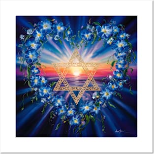 Star of David Sunset Art, Floral Heart Design, Jewish Symbol Decorative Items Posters and Art